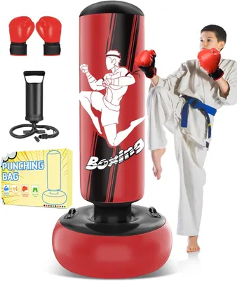 Produktbild von Stehend 165cm Aufblasbarer Boxsack Kinder mit Boxhandschuhen zum Üben von MMA Karate Taekwondo und zum Abbau von aufgestauter Energie