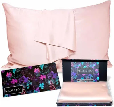 Obrázok produktu pre Saténové obliečky na vankúše so zipsom, vhodné pre pokožku a vlasy, hladké saténové obliečky, chladivé saténové obliečky s darčekovou krabičkou, veľkosť Queen (50 x 75 cm), ružové