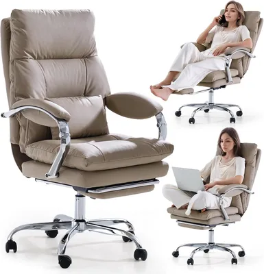 Obrázok produktu pre Pohodlná kancelárska stolička s podnožkou, možnosťou skríženia nôh, opierkami rúk a kolieskami, ergonomická, potiahnutá umelou kožou (PU)