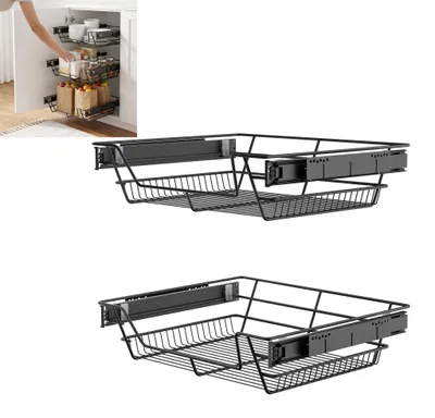 Produktbild von XMTECH 2X Teleskopschublade Küchenschrank Auszug Drahtkorb, Vollauszug Schrankauszug Küchenschublade 60 cm, Metall Schubladenkorb für Küche, Schwarz