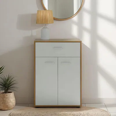 Produktbild von Kommode Sideboard Schrank TOMMY in Sonoma Eiche / weiß, Anrichte Highboard mit Schublade und 2 Türen