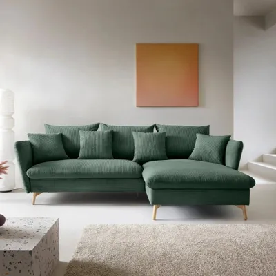 Produktbild von Ecksofa MORRE Poso 14 Flaschengrün Grün Cord Breitcord Schlafsofa Bettkasten Holzfüße Rechts