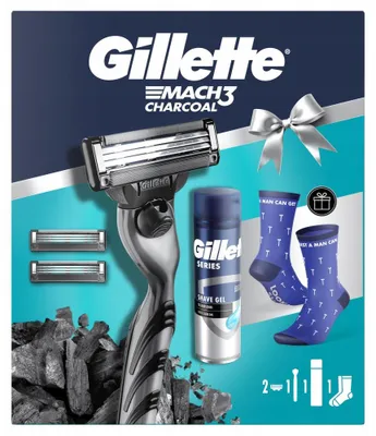 Produktbild von Gillette Mach3 Charcoal Set-Rasierer, Klingen, Gel, Socken-Geschenk
