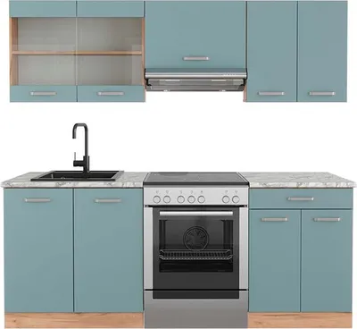 Produktbild von Küchenzeile Vicco R-Line Blau-Grau/Goldkraft Eiche 200 cm , AP Marmor, Model 43050