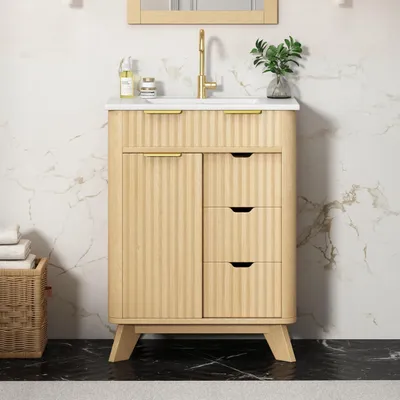 Immagine prodotto di Mobile da bagno Merax da 61 cm con lavabo in Vetroceramica, mobile sotto lavabo con 3 cassetti e ante scorrevoli, lavabo con motivo a onde, finitura in legno