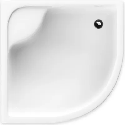 A top-down view of a white corner shower tray with a black drain.