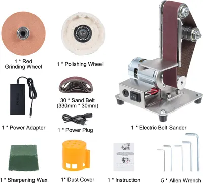 Image de Ponceuse à bande électrique avec 7 vitesses, mini-ponceuse et polisseuse multifonctionnelle avec 10 bandes abrasives (30 x 330 mm), 1 disque abrasif rouge, 1 disque de polissage et 1 cire abrasive