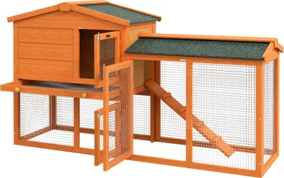 Produktbild von Winterfester Kleintierstall aus Massivholz 150x45x85cm - Outdoor-Kaninchengehege mit Freilauf für Hasen & Nager, Orange