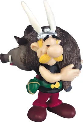 A figurine of Asterix carrying a wild boar.