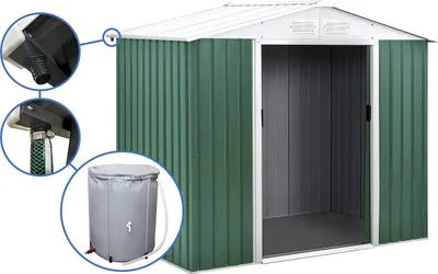 Produktbild von Gerätehaus aus Metall - "Rosas " - 4,07 m² mit Wasserauffangbehälter und Dachrinne - Grün
