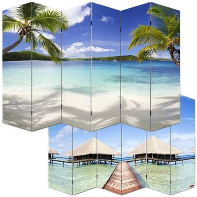 A folding screen depicting a tropical beach scene with palm trees and overwater bungalows.