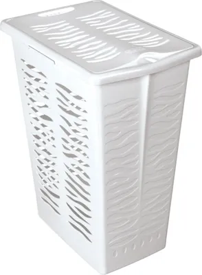 A white laundry basket with a lid.