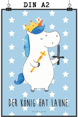 Produktbild von Mr. & Mrs. Panda Bild Einhorn König mit Schwert DIN A2 - Blau Pastell - Geschenk, drucke, Einhörner, wanddeko, Plakat, Unicorn, Ritter, Wandbild, Mittelalter