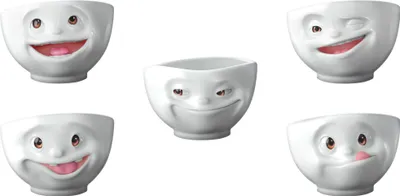 Five white ceramic bowls with different facial expressions.