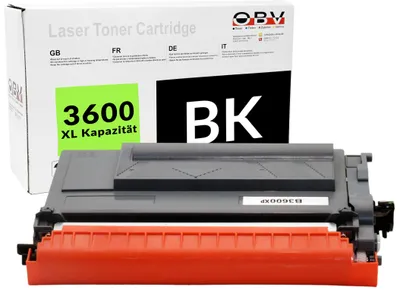 A black laser toner cartridge is shown in front of its packaging box.