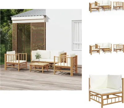 Produktbild von vidaXL 5-tlg. Garten-Lounge-Set mit Cremeweißen Kissen Bambus -  Gartenmöbel-Sets