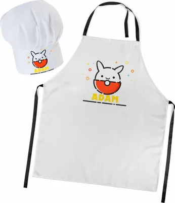 Produktbild von Personalisierte Kochmütze + Kochschürze Set 2tlg. Für Kinder, Jungen und Mädchen, Weiß, Schürze mit Ihrem Namen, Pokeball-Kaninchen [099]