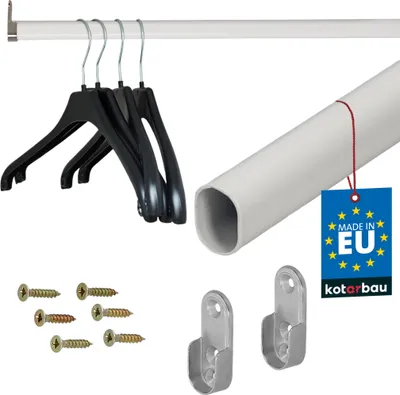 A collection of items for a clothes rail, including a rail, hangers, screws, and brackets.