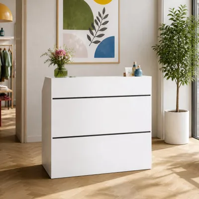 Produktbild von Empfangstheke mit Streifendekor, Rezeption, Empfangstresen, Bürotheke, Hotelrezeptionen, Bekleidungsgeschäften, Weiß, MDF, 120 × 50 × 100 cm
