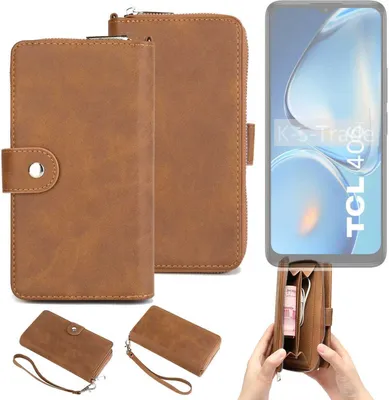 Produktbild von K-S-Trade Handyhülle Schutzhülle kompatibel mit TCL 406i & Portemonnee Tasche Handytasche Case Etui Geldbörse Wallet braun (1x)