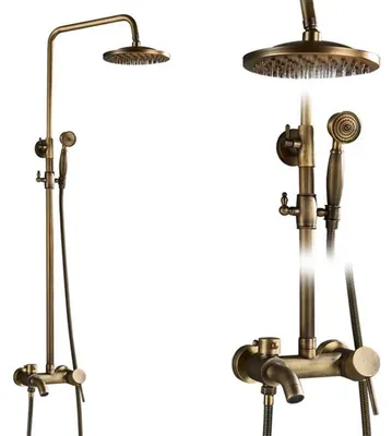Produktbild von Antik Messing Duschset - Regendusche Duschsystem für Badewanne - 20 cm Kopfbrause - Höhenverstellbar 70–120 cm - Zweigriffarmatur warm/kalt - Handbrause - Variante C