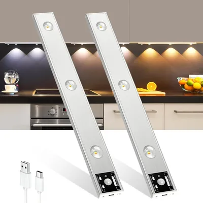 Produktbild von 2er 40cm LED Unterbauleuchte 3 Lichtfarbe Aufladbar Lichtleiste mit Bewegungssensor Schranklicht Küchenleuchte, USB-C wiederaufladbares LED-Licht,Weiß