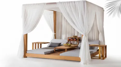 Produktbild von Luxus Sonneninsel Lounge-Bett Beige Holz mit Baldachin Garten