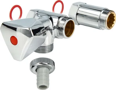 A set of plumbing fittings, including a T-valve, an adapter, and a hose connector, arranged on a white background.
