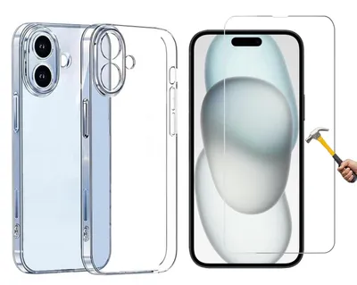 A clear protective case and screen protector for a smartphone are displayed.