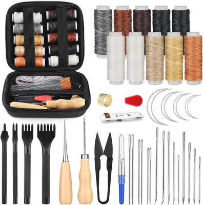 Produktbild von 46-teiliges Leder-Nähset, Leder-Nähwerkzeug-Set mit 4-mm-Schnürnähmeißel, gewachstem Garn und Nähnadeln mit großem Öhr für Lederhandwerksprojekte, Diy-Näharbeiten