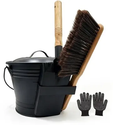Productafbeelding van Asemmer met deksel, 6 liter, vuurvaste kolenemmer met ovenschep, handbezem en handschoenen, kolenemmer voor open haarden, voor open haard binnen en buiten, vuurplaats, houtkachel, zwart
