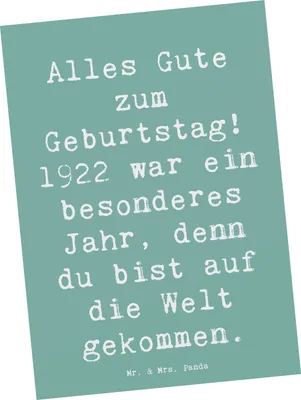 Produktbild von Mr. & Mrs. Panda Postkarte Spruch 1922 Geburtstag - Meeresbrise - Geschenk, Jubiläum, Postkarten, Ansichtskarten, Feier, Happy Birthday, Grußkarte, bildkarte, Alter