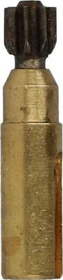 A close-up studio shot of a brass and metal oil pump component.