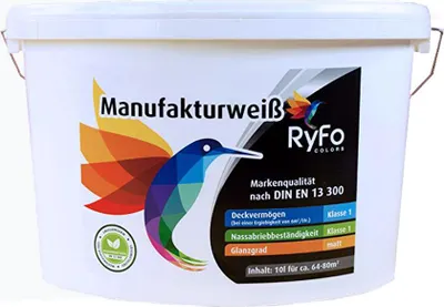 Produktbild von RyFo Colors Bunte Wandfarbe Manufakturweiß Signalweiß 10l - weitere Grau Farbtöne und Größen erhältlich, Deckkraft Klasse 1, Nassabrieb Klasse 1