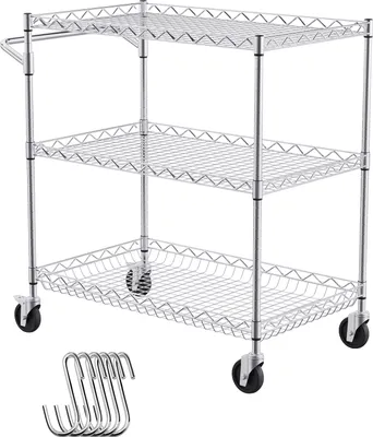 Immagine prodotto di Carrello da cucina SucceBuy, 3 livelli, carrello in filo metallico con capacità di carico di 290 kg, carrello di servizio in acciaio su ruote, carrello di stoccaggio in metallo con cesto profondo 80 mm, manico curvo