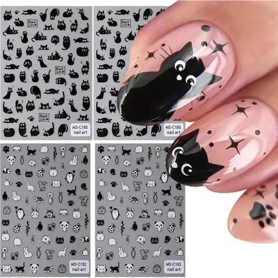 Produktbild von Nagelsticker 4 Blätter Katze Selbstklebend Nail Art Nageltattoos Kinder Halloween