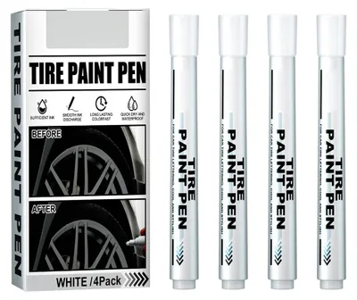 Zdjęcie produktu dla 4 sztuki białych markerów do opon, wodoodporne markery na bazie oleju do opon samochodowych, markery do rysowania graffiti na oponach samochodowych, do bieżników opon samochodowych