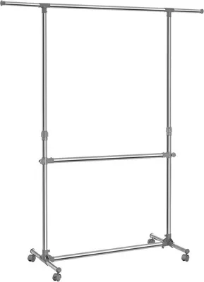 Image de Support-vêtements Unyqoos® : réglable en hauteur et en longueur, en acier inoxydable chromé, 2 niveaux, dimensions 113–198 x 101–166 cm, capacité de charge de 25 kg par barre