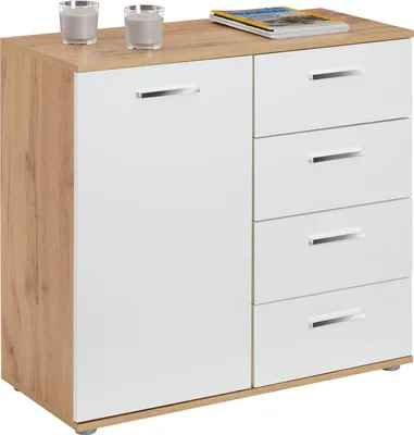 Produktbild von Kommode Sideboard Schrank CHICAGO in Wotan Eiche/weiß, mit 1 Tür und 4 Schubladen Highboard
