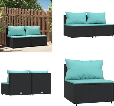 Image de vidaXL Canapé central de jardin avec coussins 2 pcs. noir poly rotin - Canapé central - Canapé - Canapé d'extérieur