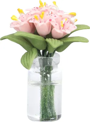 Produktbild von Miniatur-Puppenhaus, rosa künstliche Lilie, Blumenmodell, Pflanzenzubehör, Geschenk für Heimdekoration