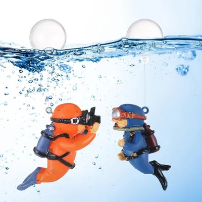 Immagine prodotto di Decorazioni per acquario a forma di subacqueo, confezione da 2, con sfere galleggianti e filo da pesca, mini decorazioni per acquario