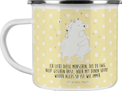 Produktbild von Mr. & Mrs. Panda Emaille Becher Eisbär Umarmen - Gelb Pastell - Geschenk, Reisebecher, Lustige Sprüche, Campingtasse, Tasse, Pott, Teetasse
