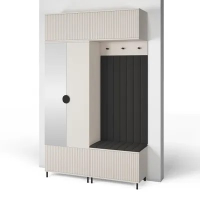 Produktbild von Garderoben-Set Ritmo version 2 – gefräste Kleiderschrank mit Polsterplatten, Schuhschrank, für Flur und Eingangsbereich (cashmere, Trinity 16)