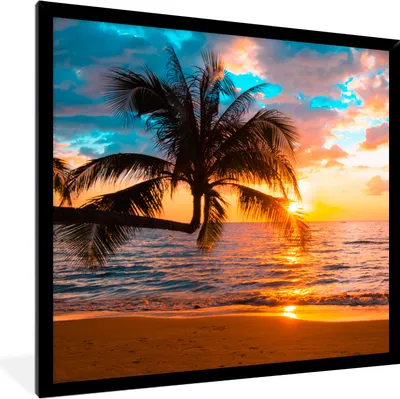 Produktbild von MuchoWow® Gerahmtes Poster Palme - Sonnenuntergang - Horizont - Strand - Meer - Tropisch 40x40 cm - Poster mit Schwarzem Bilderrahmen Wandposter Rahmen Foto Bilder - Mit Rahmen - Wanddekoration Schlafzimmer