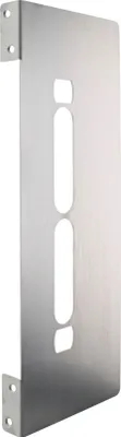 A silver metal door guard with two elongated cutouts.