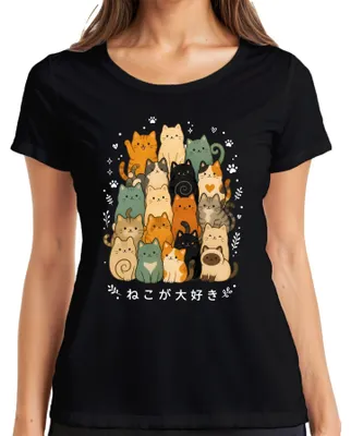 Obrázok produktu pre Tričko s motívom mačiek, štýl "kawaii", anime, Japonsko, Y2K, s obrázkom mačiek, čierna farba, veľkosť XXL