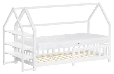 Obrázok produktu pre Detská posteľ ML-Design 90 x 200 cm s matracom, výška 16 cm, policou, ochrannou mrežou proti vypadnutiu, strechou a roštom, posteľ typu Montessori na podlahe, z borovicového dreva, domčeková posteľ pre dievčatá a chlapcov