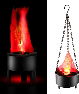 A collage of two images showing a decorative LED flame light. The left image shows the light on a black background, and the right image shows it hanging from a chain against a white background.