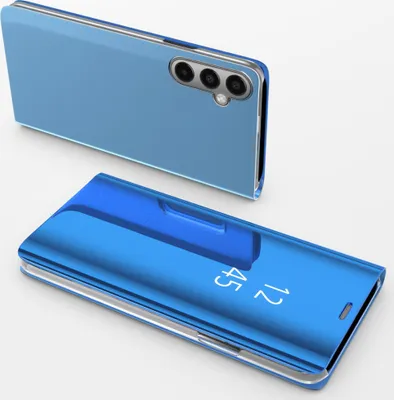 A blue smartphone with a clear view flip case is shown from two angles against a white background.